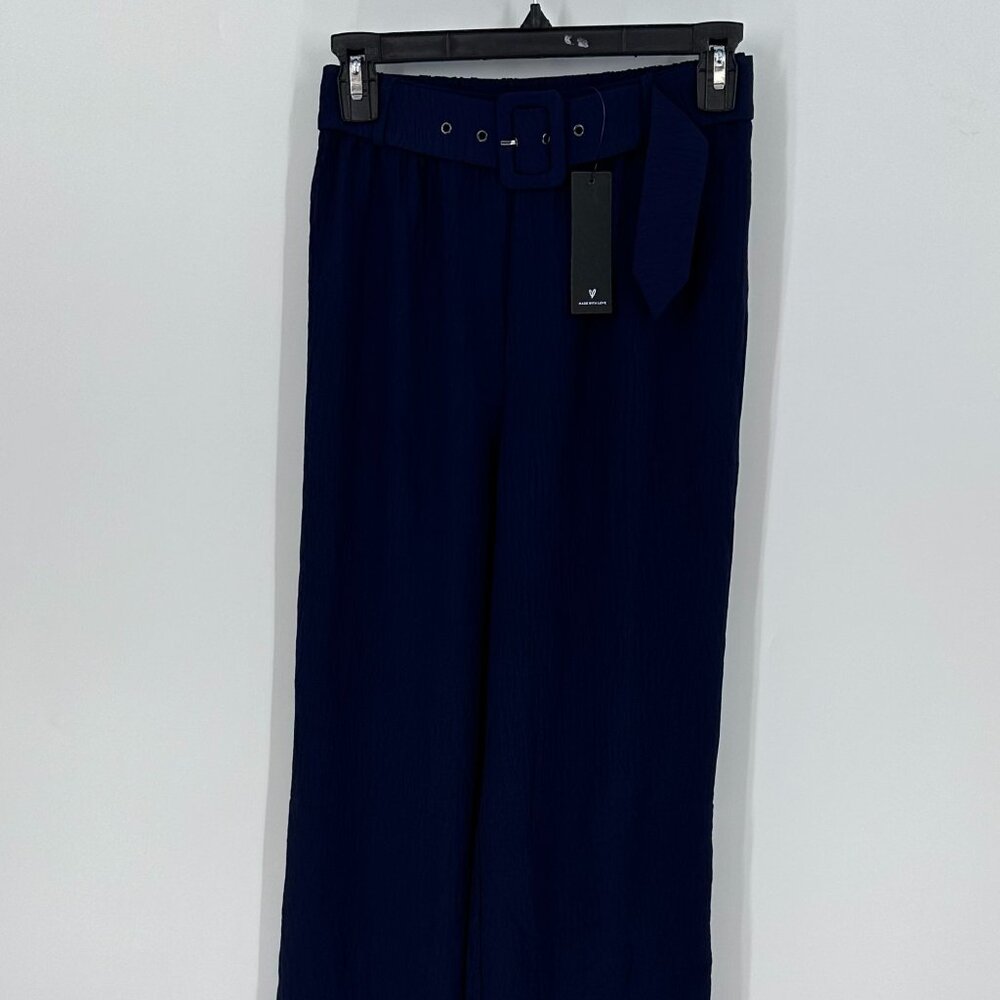 Women's Lulu's Modern Feeling Navy Blue Belted High-Waisted Wide-Leg Pants XS